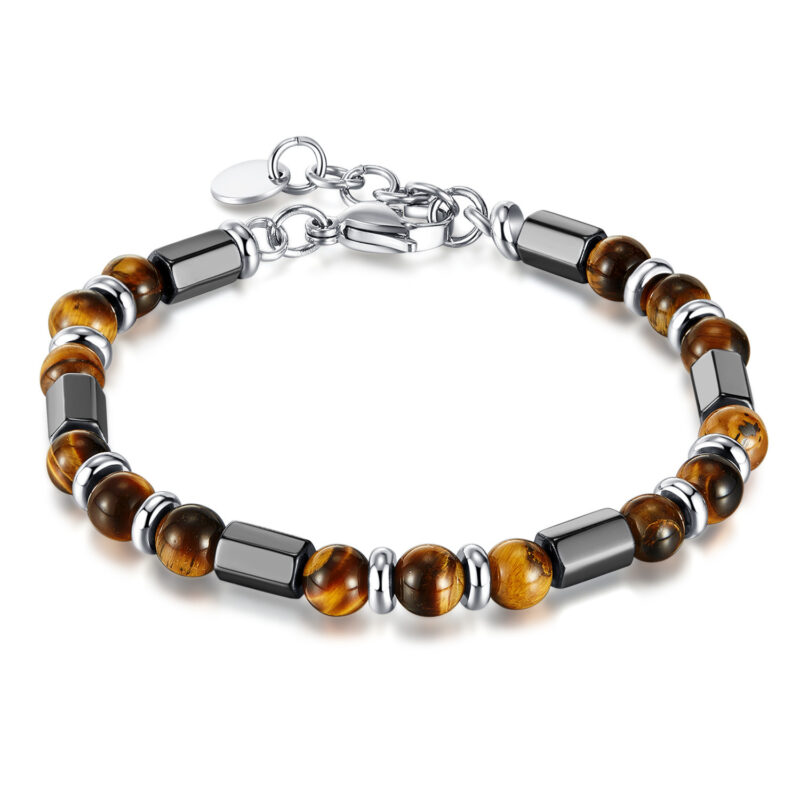 Men's Bracelet with Geometric Tiger's Eye Beads and Chain in Maillard Style